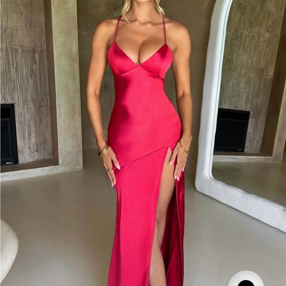 Women's Red Satin Slit Maxi Dress